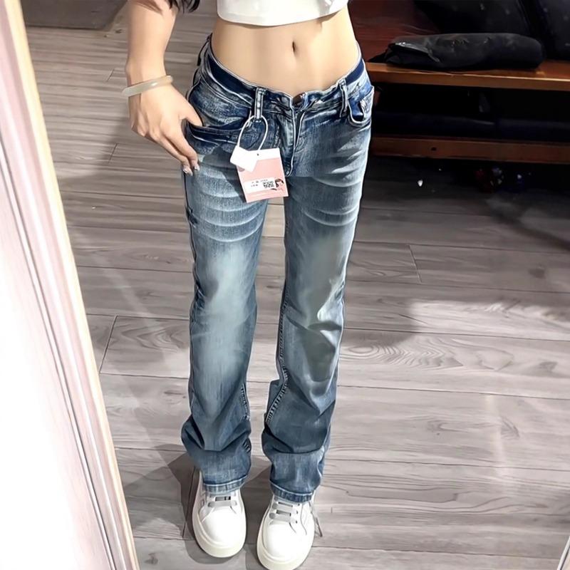 

American High Street Design Hairy Low-waisted Bootcut Jeans for Women in Autumn and Winter Design Hot Girl Stretch Narrow Straight Pants S синий