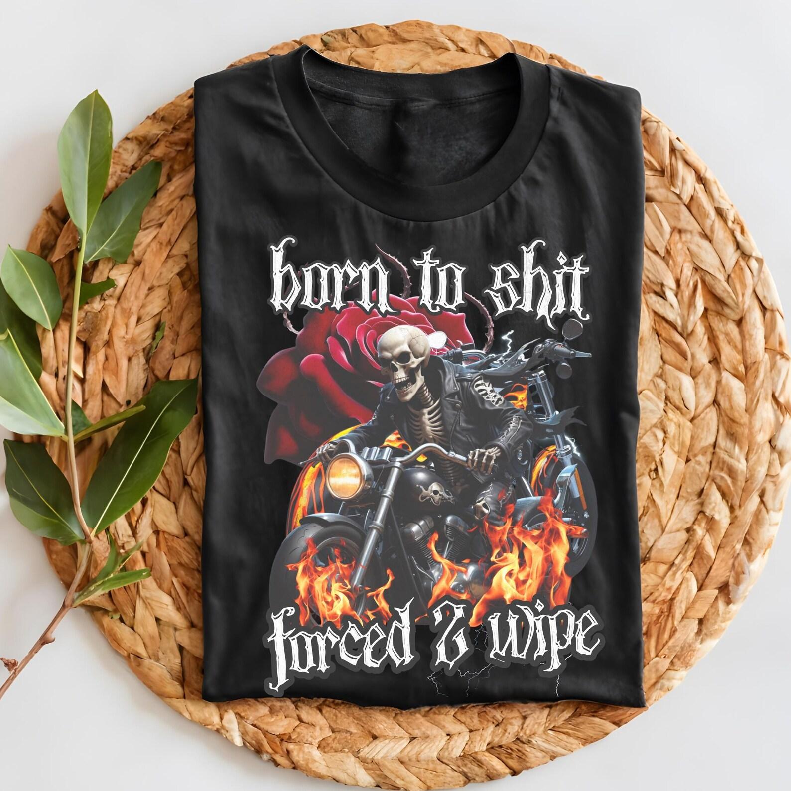 Funny Skeleton Motorcycle T-Shirt: Ironic Meme Tee L