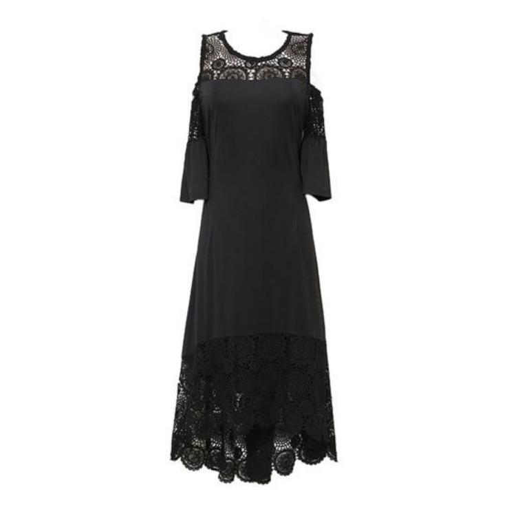 Flare Cold Shoulder Dress Plus Size Women High Waist Embroidery Lace Patchwork Short Sleeve