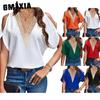 Women's Fashion Casual Solid Color Print Short Sleeve V Neck Blouses & Shirts
