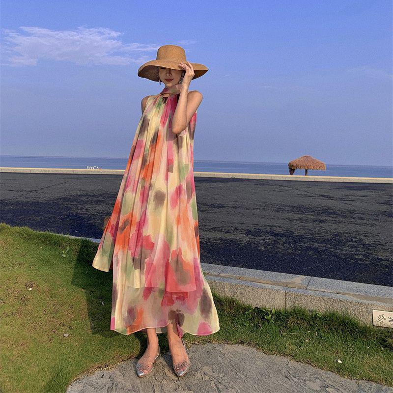 High-End Ombre Halter Sleeveless Long Dress - Elegant Beach Vacation Style