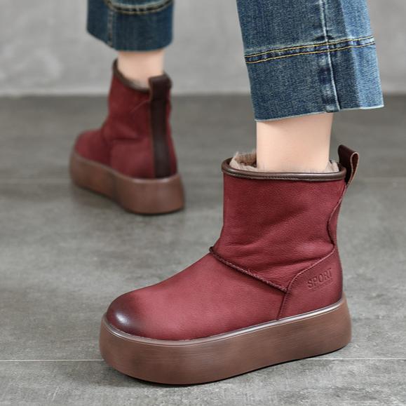 Johnature Genuine Leather Thick Soled Snow Boots Round Toe And Thickened Plush Warm Women's Cotton Boots