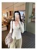 Korean Elegant Ruffle V-Neck Cardigan Women's Slimming Base Layer T-Shirt Top for Autumn/Winter