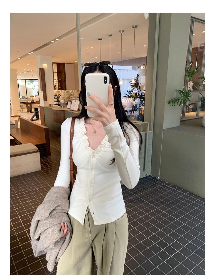Korean Elegant Ruffle V-Neck Cardigan Women's Slimming Base Layer T-Shirt Top for Autumn/Winter