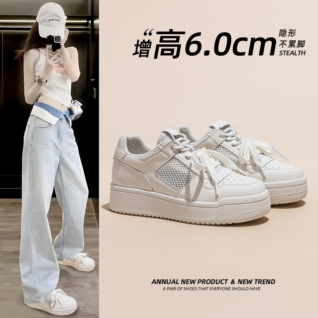 Leather platform mesh heightening shoes women's spring and summer new women's shoes versatile sports shoes