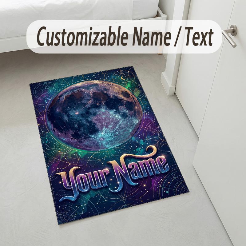 Cosmic Moon Mandala Theme Soft Crystal Velvet Rug Custom Name & Text Print Non Slip Floor Rug for Bedroom Living Room