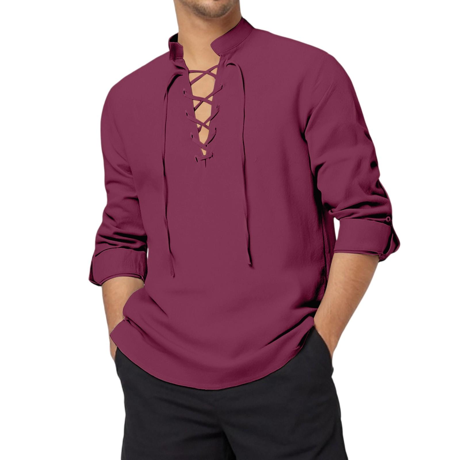 

Mens Stand Collar Long Sleeve Shirt Cotton Henleys Shirt Hippie Casual Beach Shirt L винный