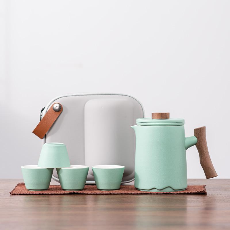 Travel Tea Set Kuaike Cup One Pot Four Cups Teapot Guochao Portable Outdoor High-end Ceramic Wooden Handle