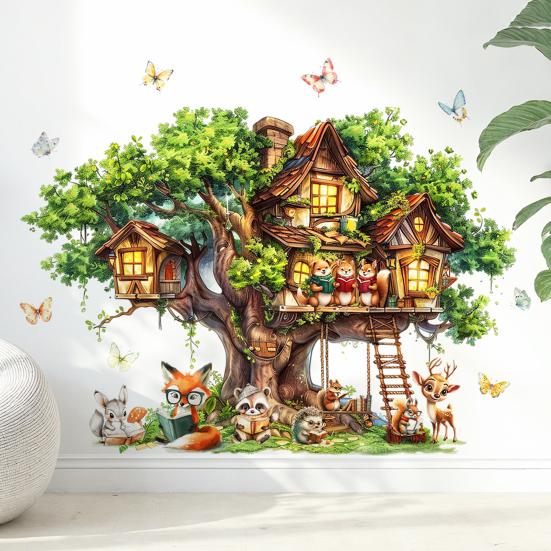 Tree House Animal Wall Sticker Self-adhesive Waterproof PVC Spring Forest Treehouse Sticker Home Office Living Room Bedroom Wall Decoration Decal