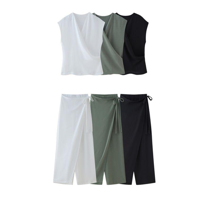 Kaslead New Women Clothes Western Style Draping Double Placket Top Casual Pants 0264170 0264169