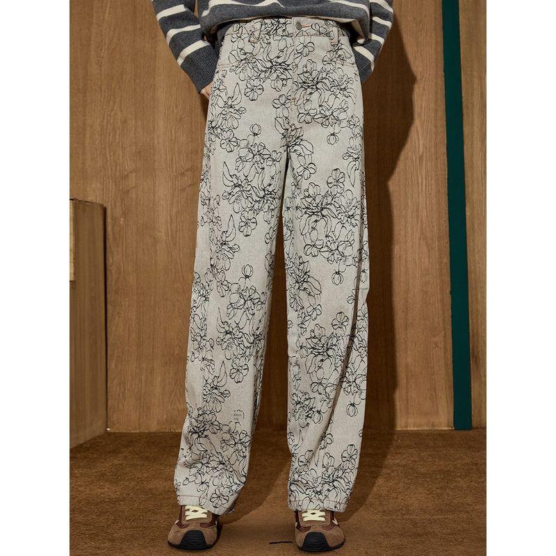 Coolhut2025 Autum Loose High-Waisted Jacquard Design Jeans Printed Floral Wide-Leg Pants Women's Jeans