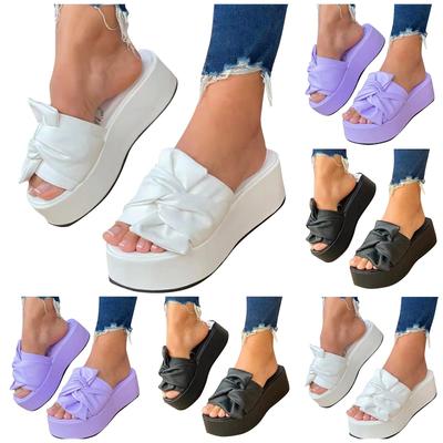 Womens Thick Bottom Big Size Bowknot One Word Slippers Muffin Outer Wear Slope Heel Slippers