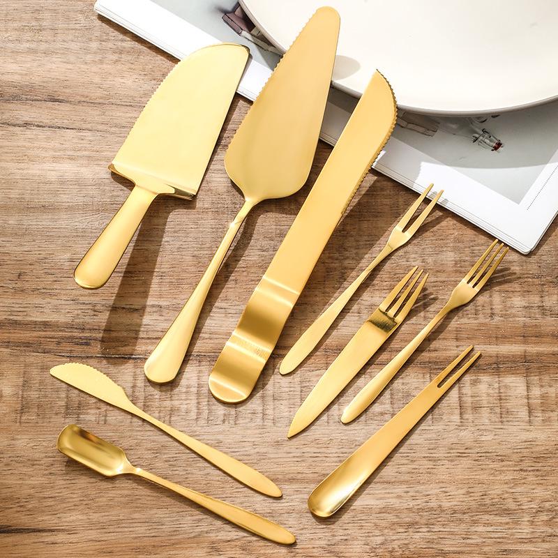 Stainless Steel Dessert Knife, Fork, and Spatula Set for Cakes, Ice Cream, Mooncakes, and Pizza.
