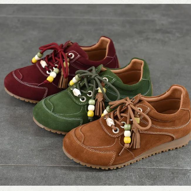 Johnature Retro Flats With Beaded Genuine Leather Lace-up Soft Soled Lightweight Women's Shoes