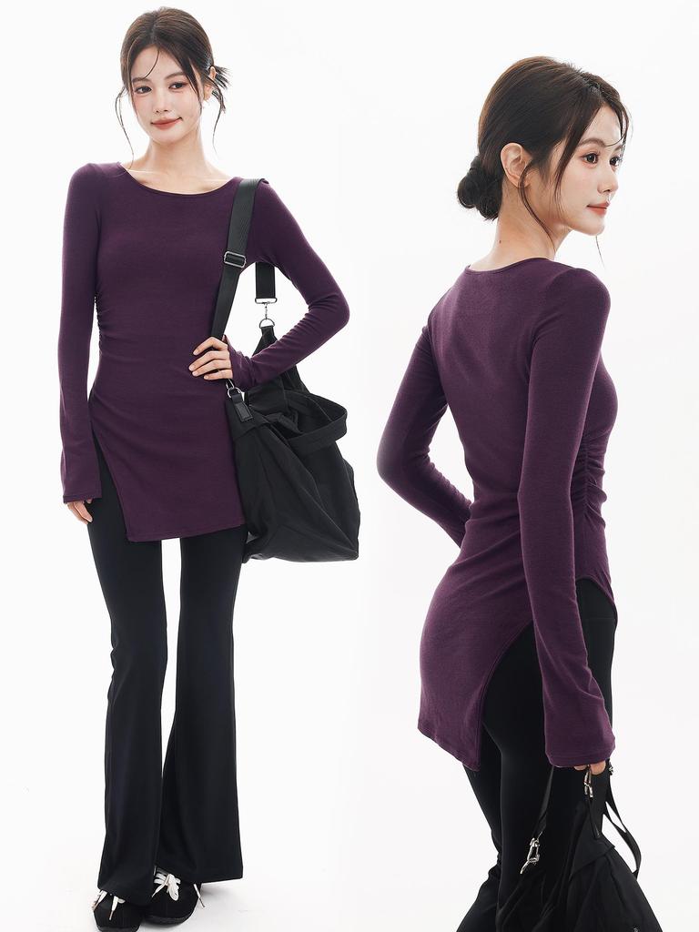 Run Kaka Purple Mid-Length Slit Long Sleeve Yoga Top