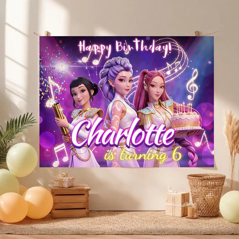 Kpop Demon Hunter themed girls' birthday party decoration background pink children's custom name photo portrait decoration banner background210