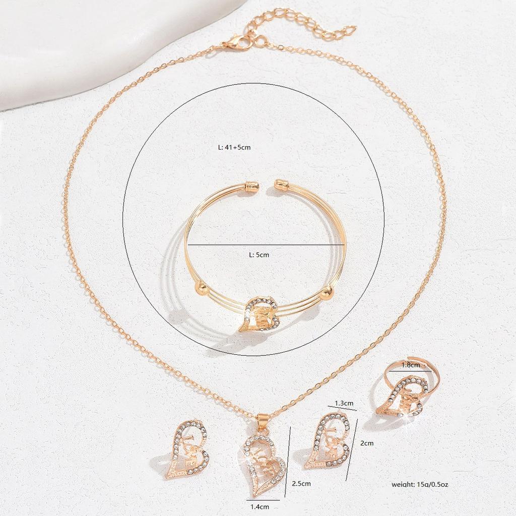 Light Luxury Simple Delicate Gold Diamond Heart Necklace Earrings Bracelet Ring Set