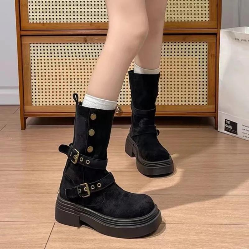 Designer Shoes Woman Buckle Knight Boots for Women Fashion New Faux Suede Mid-calf Botas Slip-On Thick Heel Platform Booties