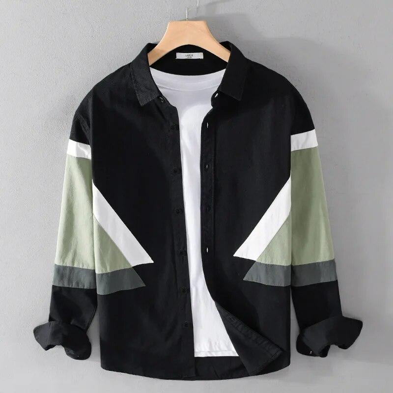 2024 New Fashion White Shirt Men Streetwear Youth Casual Long Sleeve Pure Cotton Shirt Stitching Design Men Tops Spring Loose Shirt