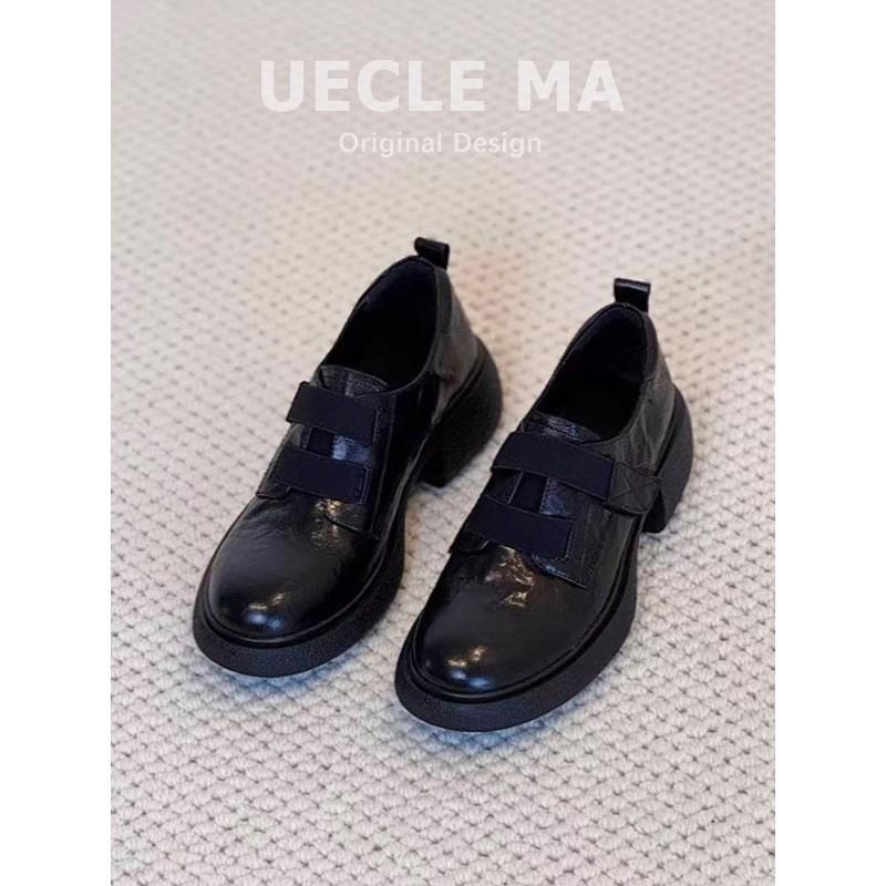 Cowhide Version~ Platform Loafers Women's 2025 New Velcro Retro Round Head Small Leather Shoes Thick Heel Commuter Shoes