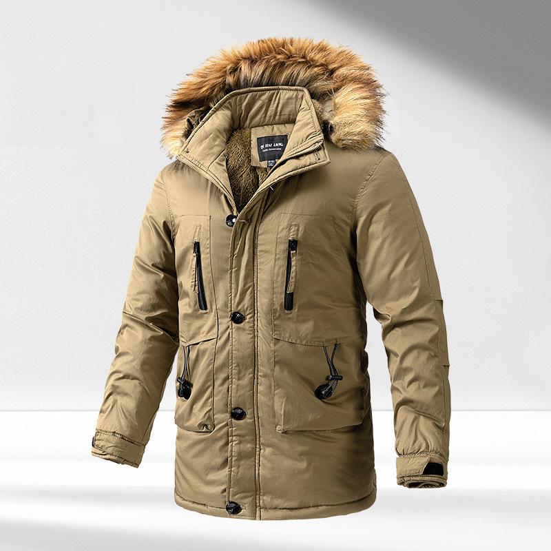 Big Fur Collar Tooling Medium and Long Cotton-padded Clothes, Washed Jackets, Men's Warm Jackets, Plush and Thickened Jackets.