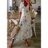 Women's V Neck Floral Print Short Sleeve Tassel Tie Loose Fit Maxi A-Line Dress