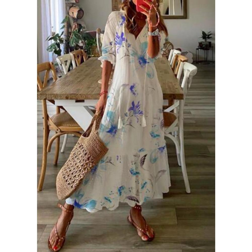 Women's V Neck Floral Print Short Sleeve Tassel Tie Loose Fit Maxi A-Line Dress
