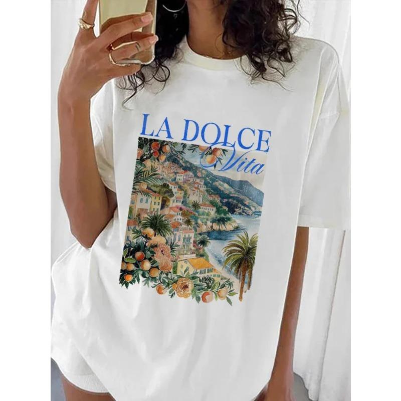 La Dolce Vita Fun Letter T-Shirt Printed Cartoon Travel T-Shirt Trendy Versatile Short Sleeve Summer T-Shirt Women's Y2K Tops