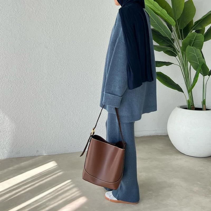 Women Casual Solid Color Knit Sweater Two Piece Set Autumn Winter Thick Round Neck Loose Pullover Wide Leg Pants Matching Sets