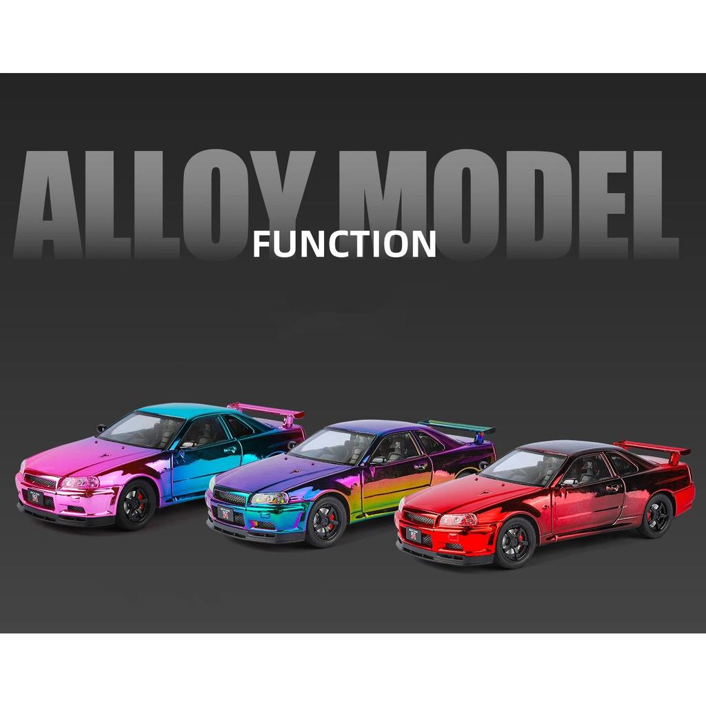 1/24 Nissan Electroplated GT-R GTR R34 Alloy Sports Car Model Diecasts Metal Track Racing Car Vehicles Model Sound Light Kids Toys Gift