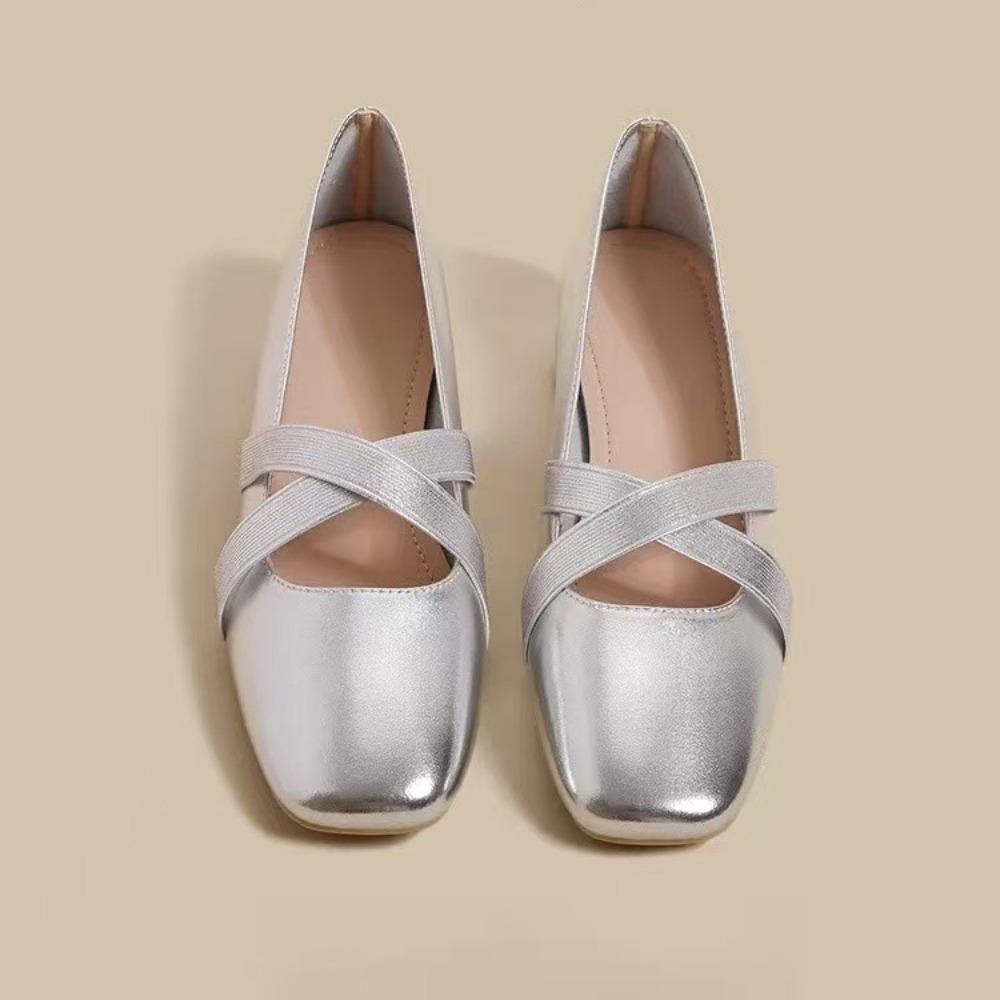 Fashion Silver Single Shoes Women's 2025 Spring New French Square Head Low Heel Retro Ballet Light Mouth Mary Jane Shoes for Women Pumps