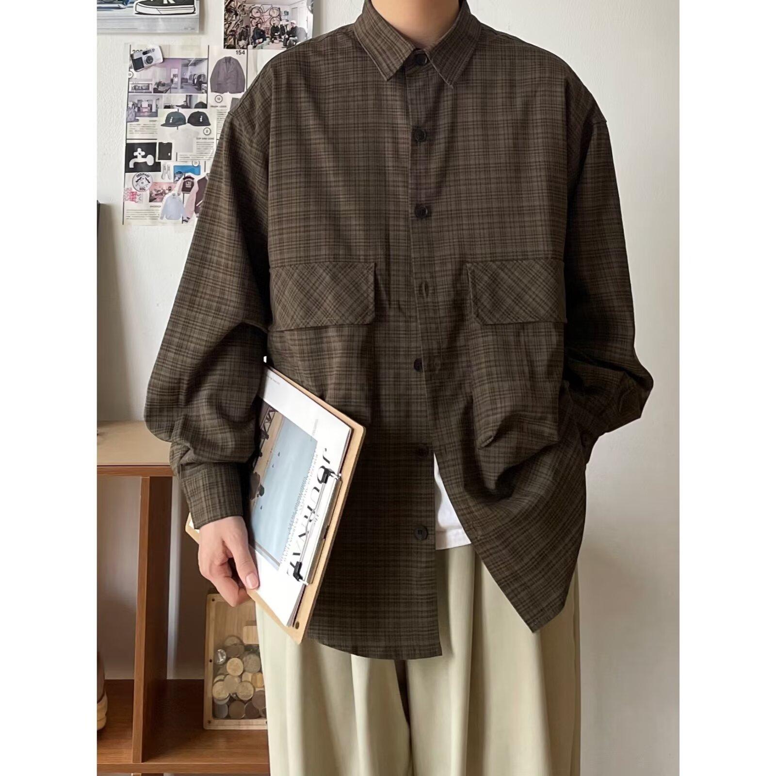 

Японская рубашка с длинными рукавами в клетку с большим карманом на весну и осень, модный бренд, свободная пара, контрастный цвет, уличная рубашка, пальто для мужчин 2XL зелёный