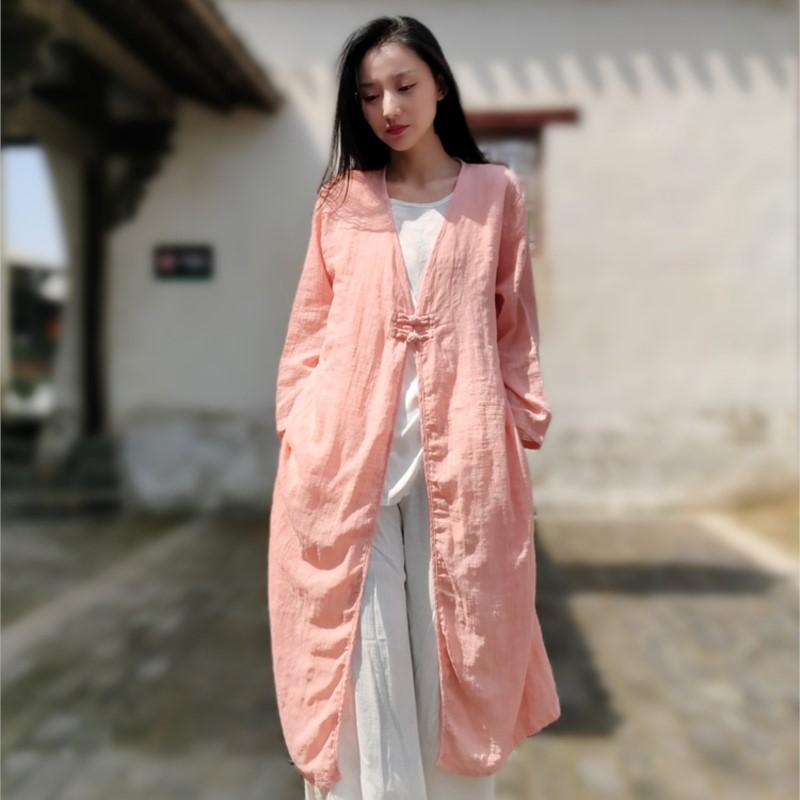 

Johnature: весна-лето, женское модное винтажное однотонное повседневное длинное пальто, хлопковое пальто с длинным рукавом и v-образным вырезом One Size розовый