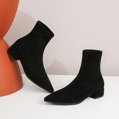 Fashion Autumn Winter Women Ankle Boots Square Low Heels Flock Pointed Boats Casual Comfortable Sock Booties Mujer Pumps Apricot Brown