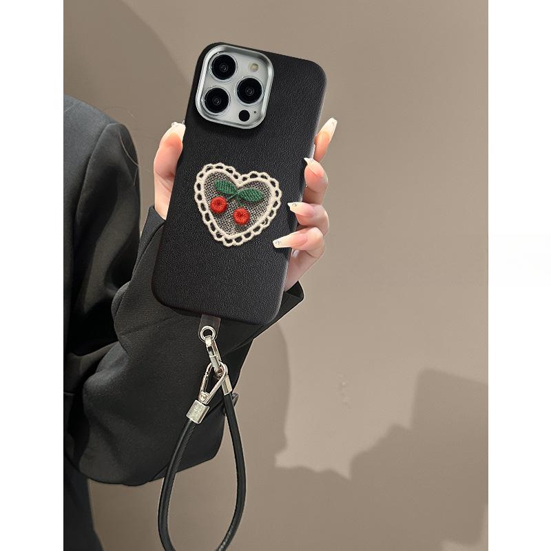 Knitted Cherry Lanyard Suitable for Apple 16PRO Mobile Phone Case Iphone15 Metal Leather Pattern 14 Autumn and Winter Large Hole 13