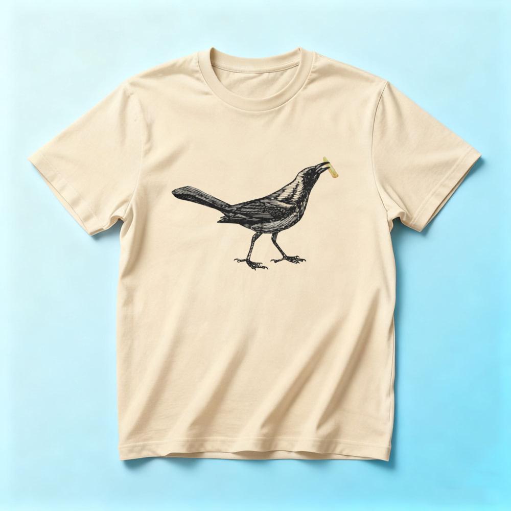 Funny Crow With French Fry Graphic Tshirt Unisexs Casual White Vintage Sketch Bird Print Short Sleeve Cotton Tee Quirky Streetwear