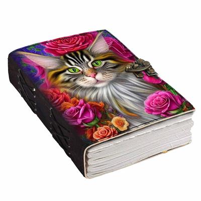 Skórzany portret kota Puste strony Dziennik dziennika do użytku osobistego i biurowego Pusty pamiętnik planisty (7 x 5 cali)