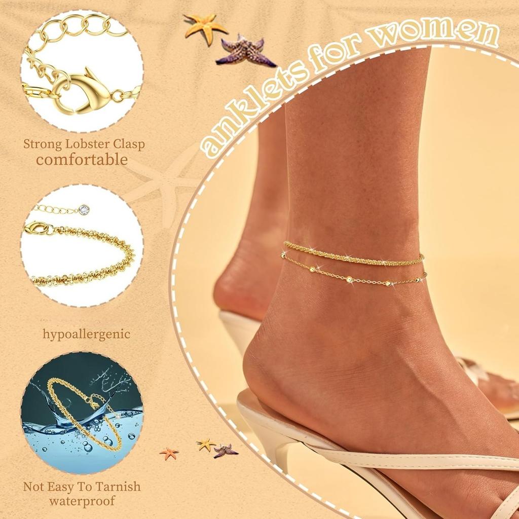 Bobisty Gold Plated Ankle Bracelets for Women Adjustable Anklets Waterproof Dainty Layered Ankle Chains Beaded Rope Link Beach