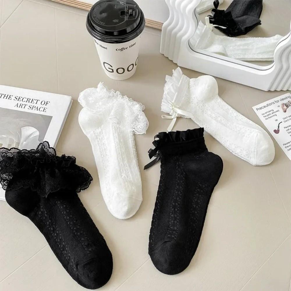 1 pair Hollow Out Mesh Princess Bow Socks Breathable Ruffle Lace Socks Low Tube Socks Women Girls