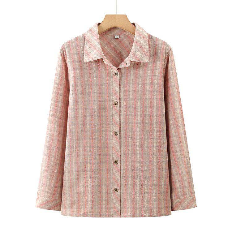 Mom s Spring Plaid Cotton Shirt - Stylish Long-Sleeved Top for Middle-Aged & Elderly Women 3XL - 120-135 lbs