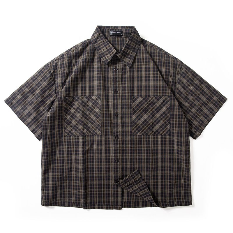 Short-Sleeved Shirt for Men, Summer Trendy Japanese Retro Plaid Cotton Top, Loose Wide-Fit Artistic Half-Sleeve Shirt