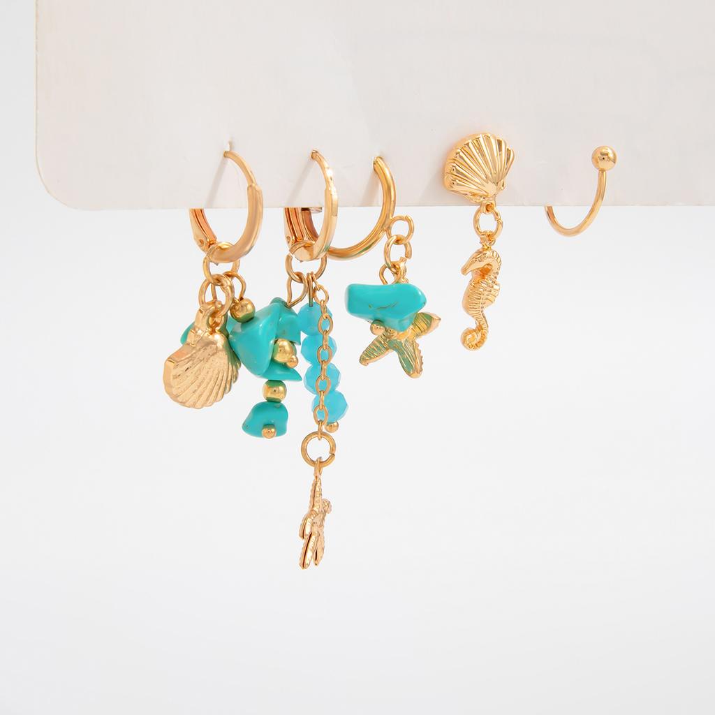 Creative Ocean Style Starfish Scallop Tassel Ear Clips Set Imitation Pearl Vintage Turquoise Pendant Stud Earrings for Women