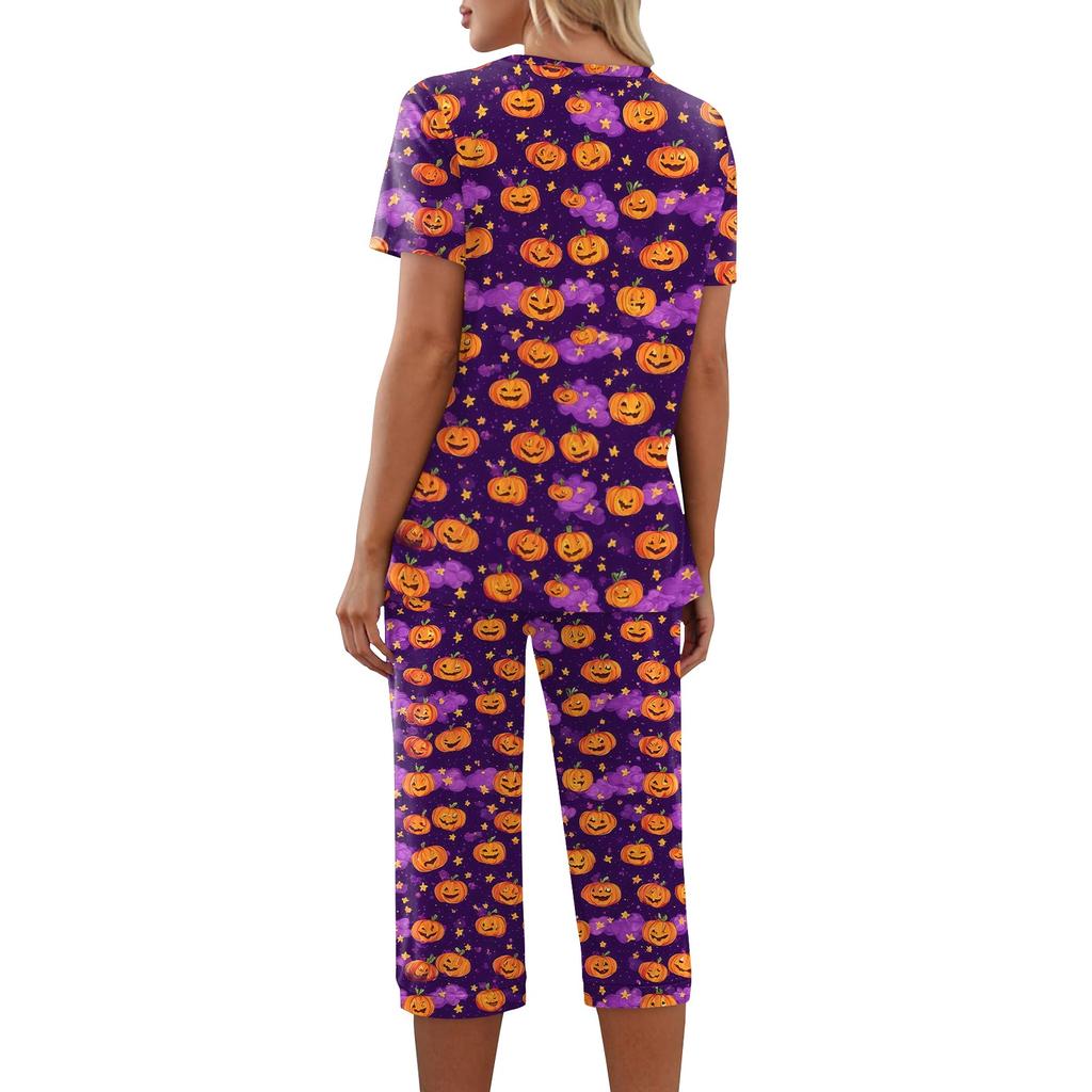 Women Two Piece Set Halloween Print Short Sleeve Top Seven Quarter Pants Casual Lounge Pajama Set for Daily Wear