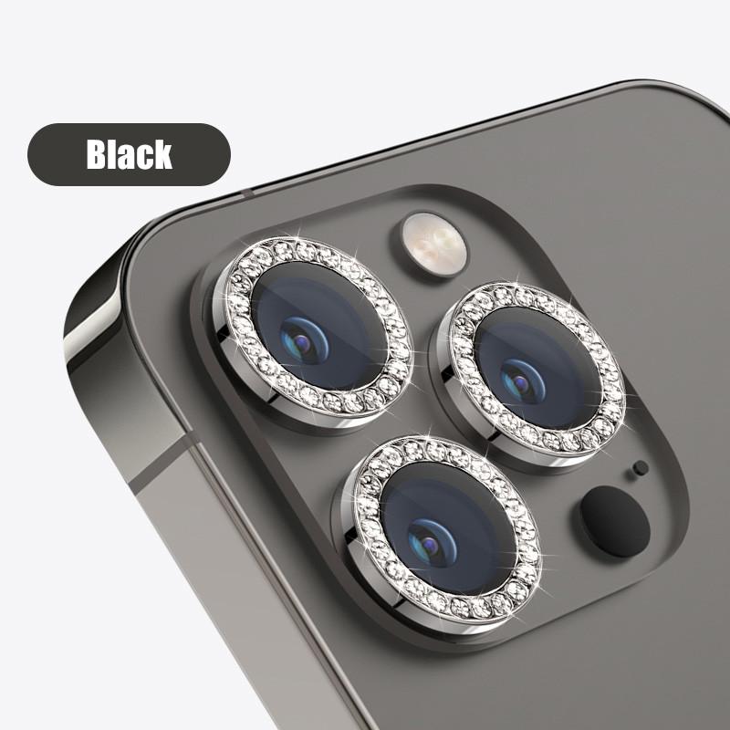 

Glitter Diamond Rhinestones Metal Ring Camera Tempered Glass For iPhone 15 11 12 13 14 Pro Max Plus Lens Protector Full Cover For iPhone 13