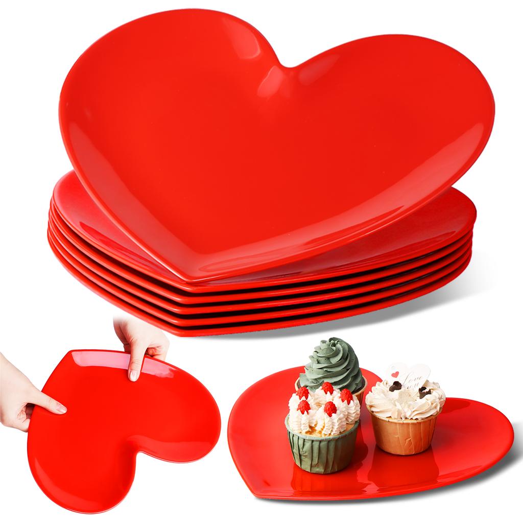 6 Stück 11 Zoll Herzförmige Teller Große Valentinstags-Teller Unzerbrechliche Keramikähnliche Herz-Dessert-Abendessen-Gedeck-Teller Salat-Servier-Gedeck-Teller