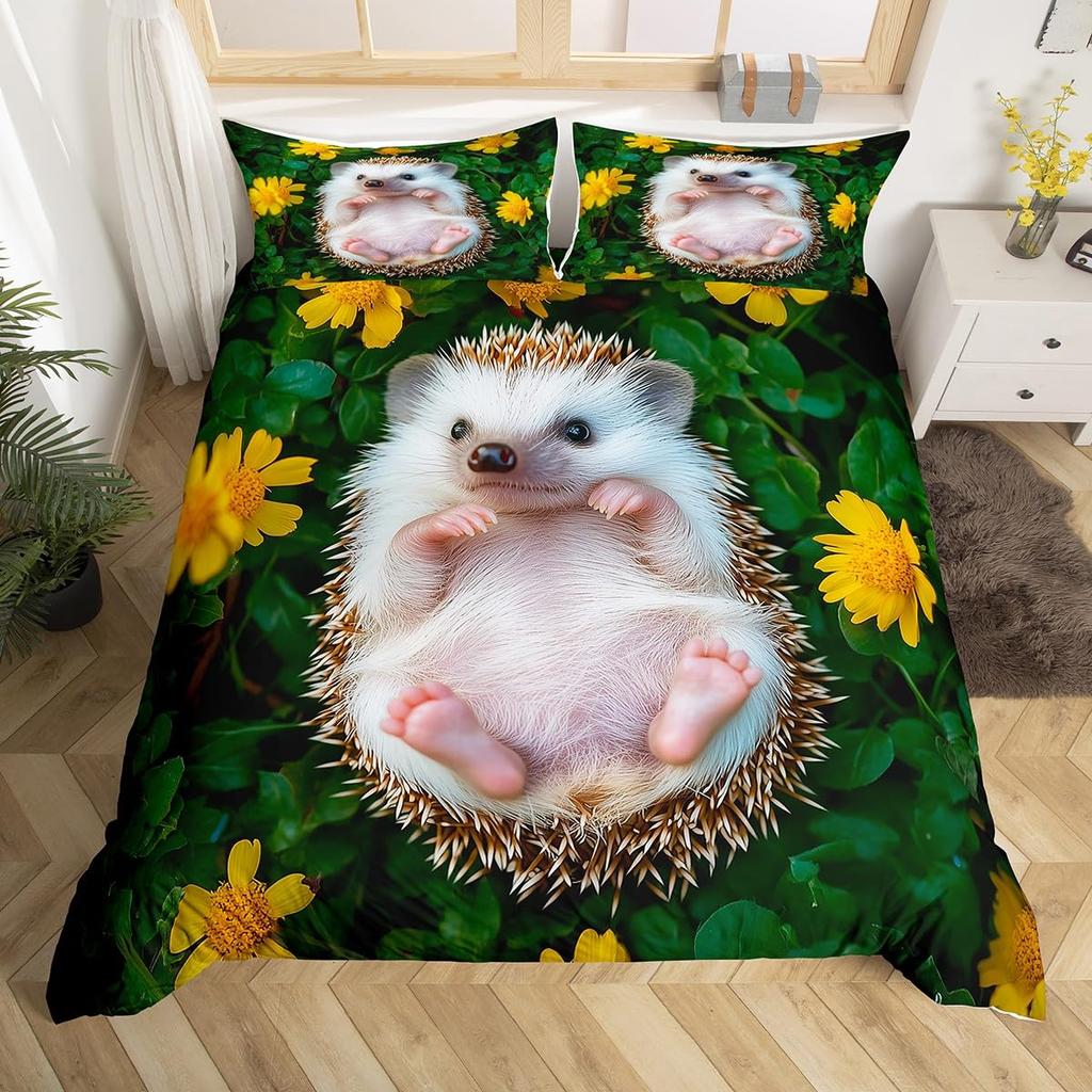 Kawaii Hedgehog Duvet Cover Set Green Cactus Plant Comforter Cover Boys Girls Adults Teens Cartoon Mushroom Bedding Sets 2/3 Pcs