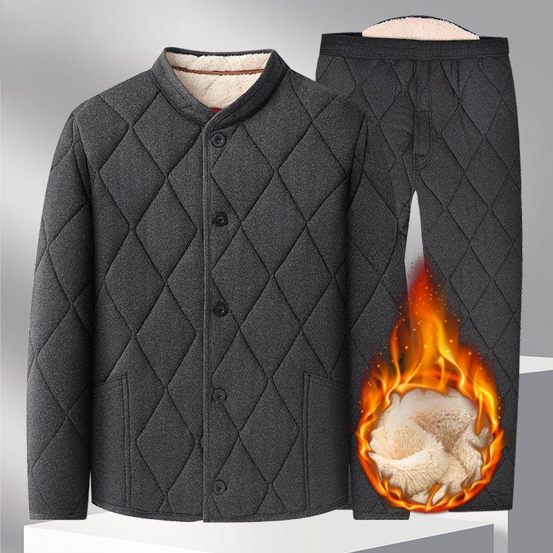 Men's Plus Velvet Padded Jacket Suit Winter Thickened Padded Jacket Dad Plus Velvet Thermal Underwear Padded Jacket Suit