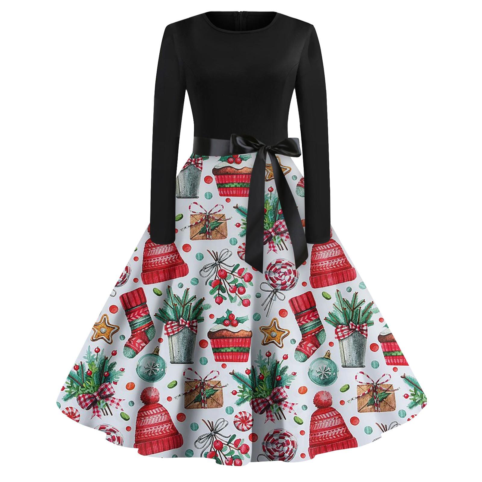 

Женская мода винтаж с длинным рукавом и круглым вырезом с рождественским принтом вечерние платья платья XL зелёный