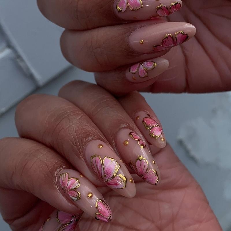 

24 Pcs Almond Shape False Nail Simple Artificial Nail Pink Flowers Stick On Nail Glossy Press On Nail for Woman 1