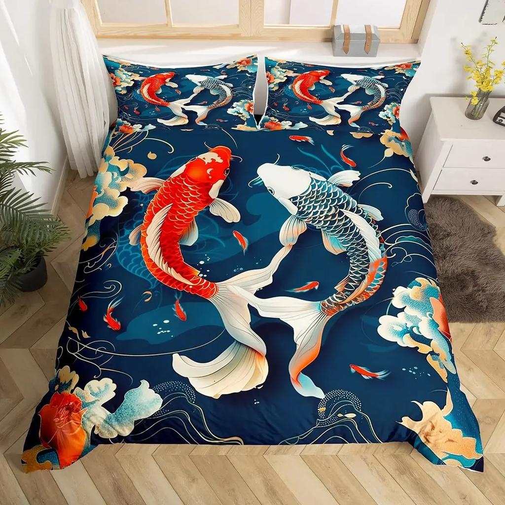 Japanese Goldfish Duvet Cover Set Fantasy Yin Yang Cherry Blossom Flowers Comforter Cover Set Blue Sea Wave Breathable Bedding